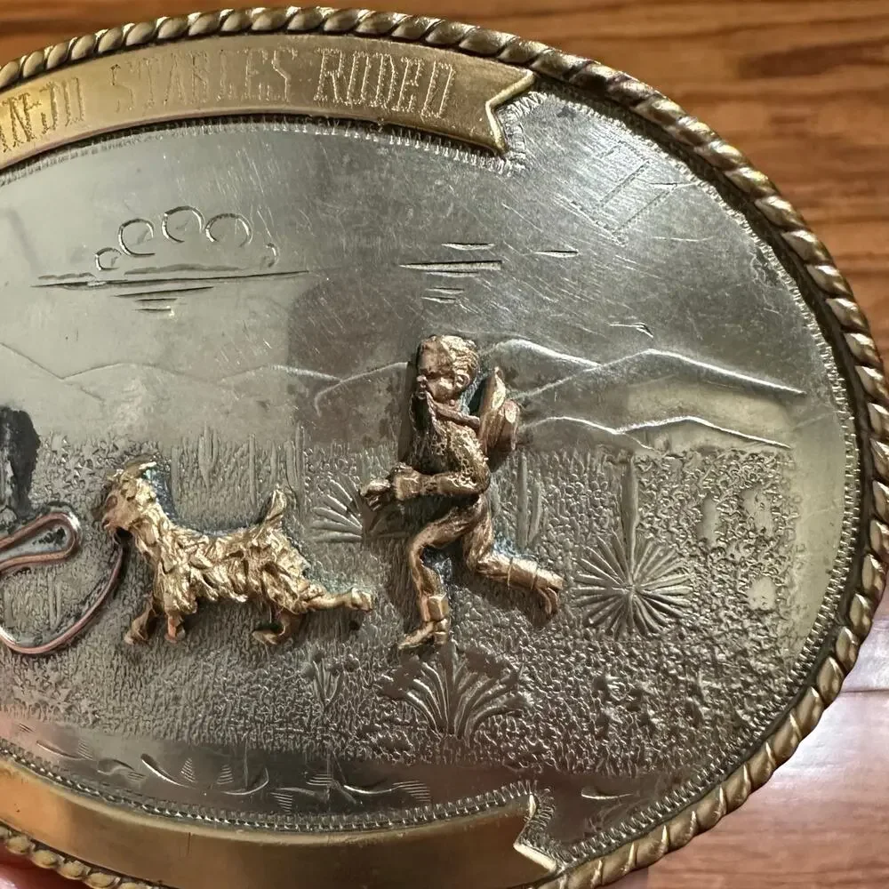Vintage Irvine & Jachens German Silver 1971 Banjo Stables Rodeo Belt Buckle